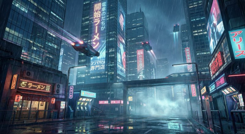 AI generated cyberpunk cityscape with neon lights and rain effects