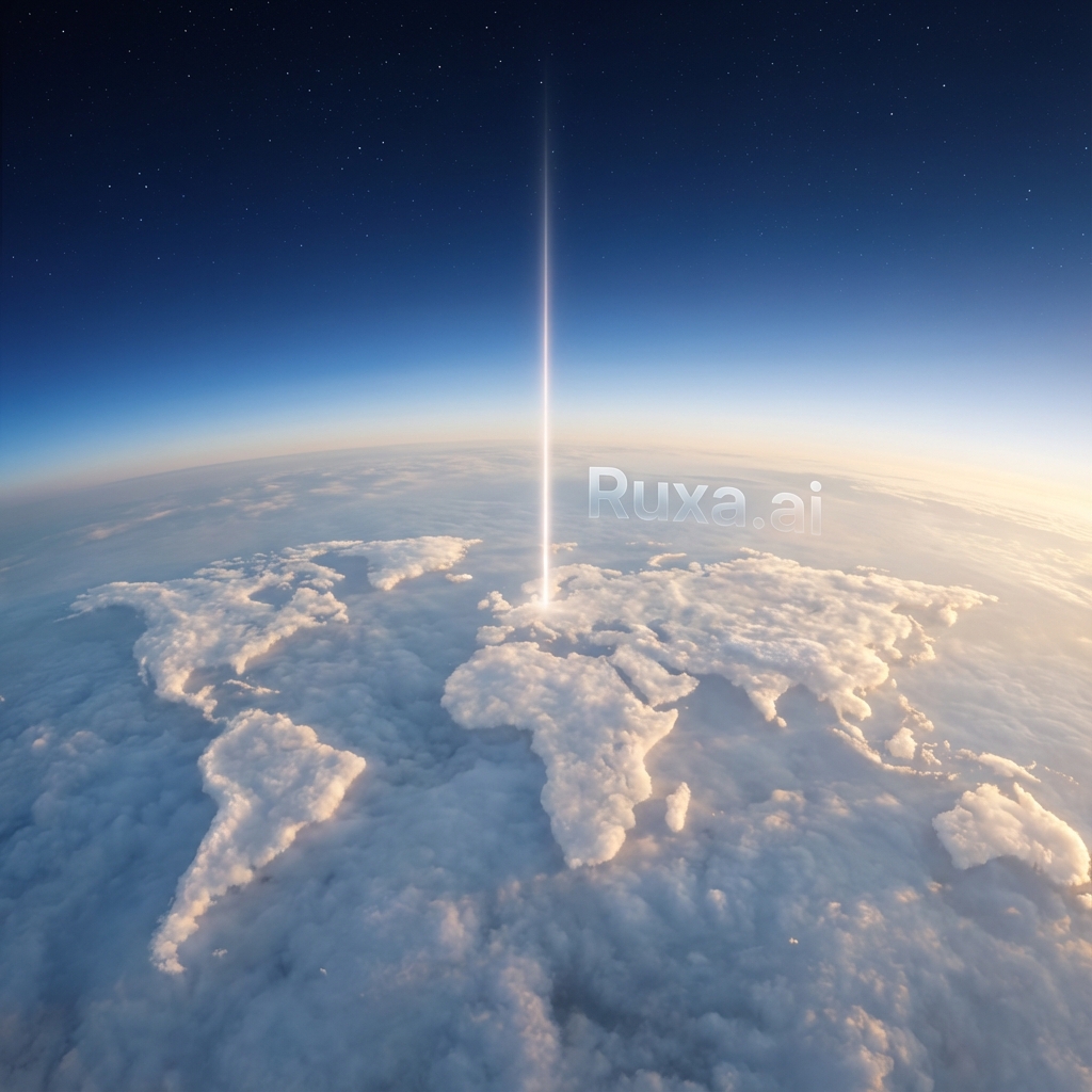 AI generated aerial view of clouds forming world map with Ruxa.ai text