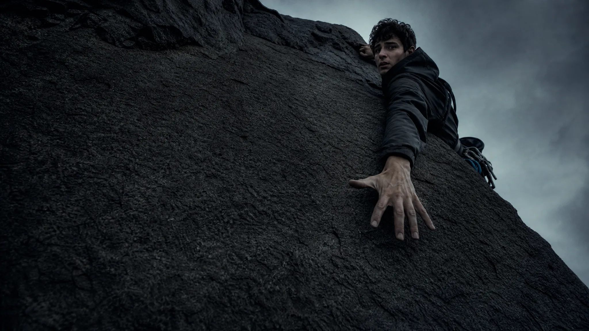 Climber high on a dark granite wall reaching an open hand down toward the camera