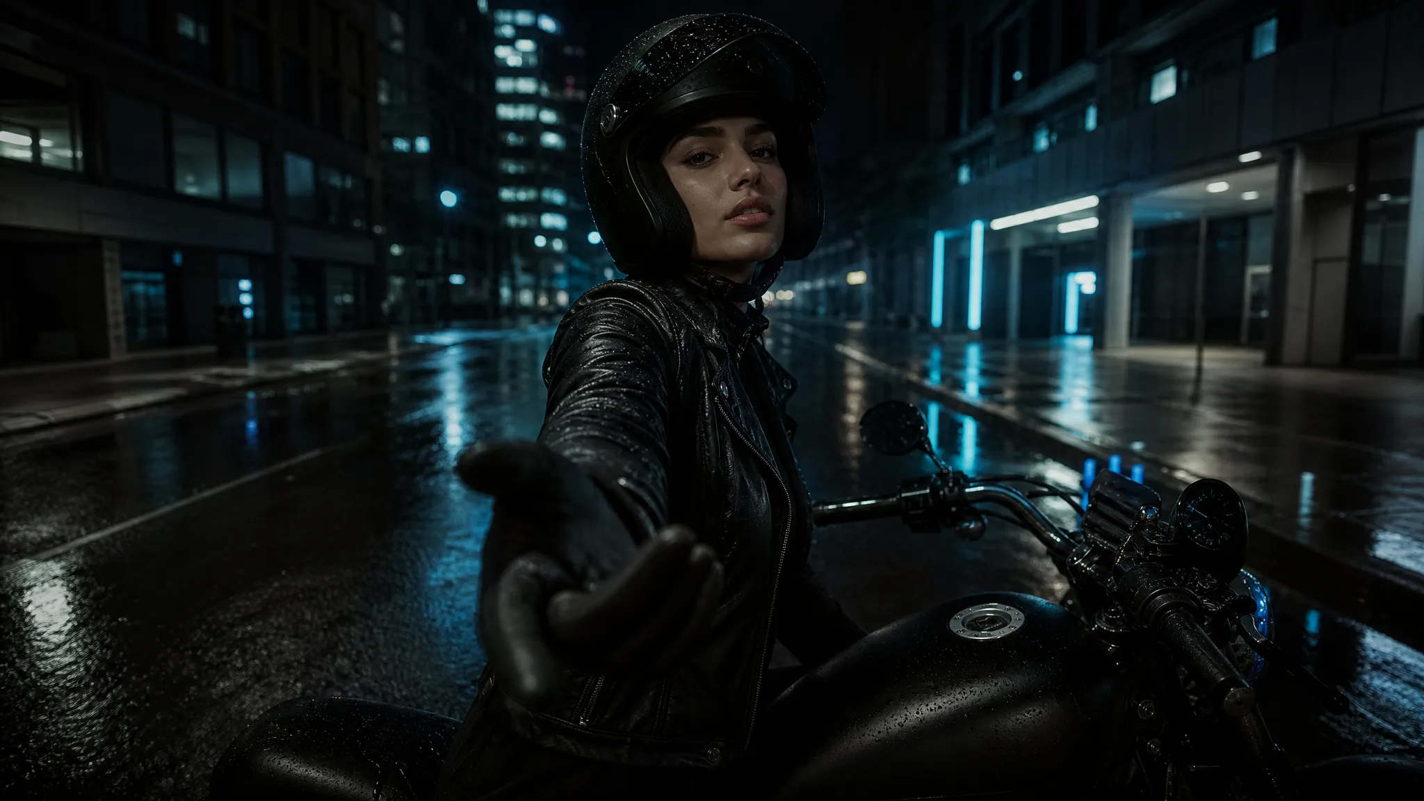 Motorcyclist on a rain-slick city street at night extending a gloved hand toward the camera
