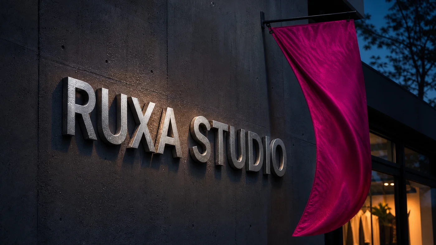 Gambar konsep papan logam RUXA STUDIO di jalan saat senja