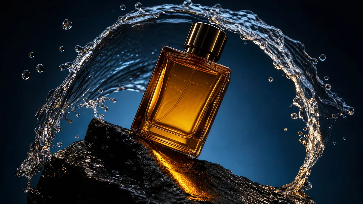 Botol kaca berwarna amber miring di atas batu hitam di bawah percikan air melengkung, dengan latar biru pekat.
