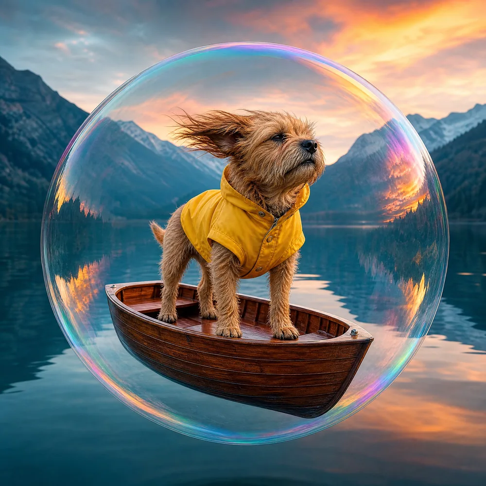 Anjing berbulu lebat dengan jas hujan kuning berdiri di perahu kayu kecil dalam gelembung sabun raksasa di atas danau tenang.