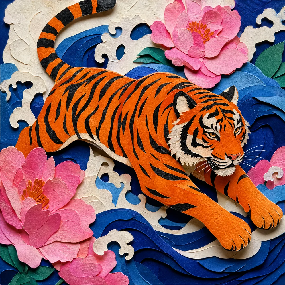 Harimau jingga melompat melewati lapisan ombak biru dan bunga merah muda dalam ilustrasi potongan kertas bertekstur.