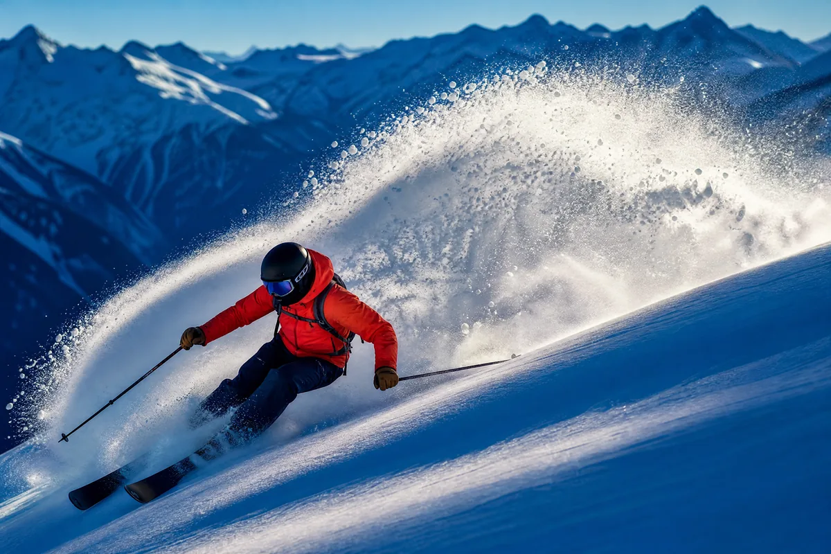 Pemain ski berjaket merah berbelok dan melontarkan lengkungan salju di depan pegunungan biru