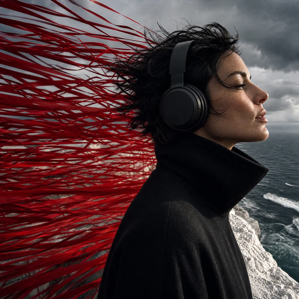 Perempuan berheadphone hitam berdiri menyamping di tebing pantai pucat, dengan pita merah panjang berkibar di belakangnya.
