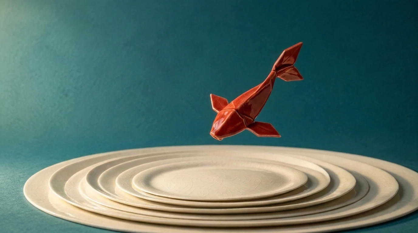 Vermilion ceramic koi above concentric porcelain terraces