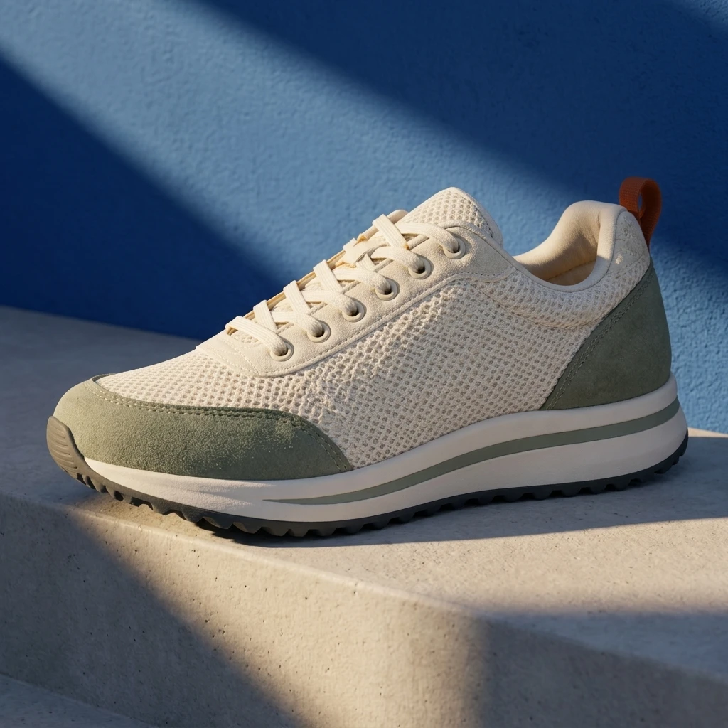 Ivory and sage sneaker on a sunlit concrete step beside a blue wall