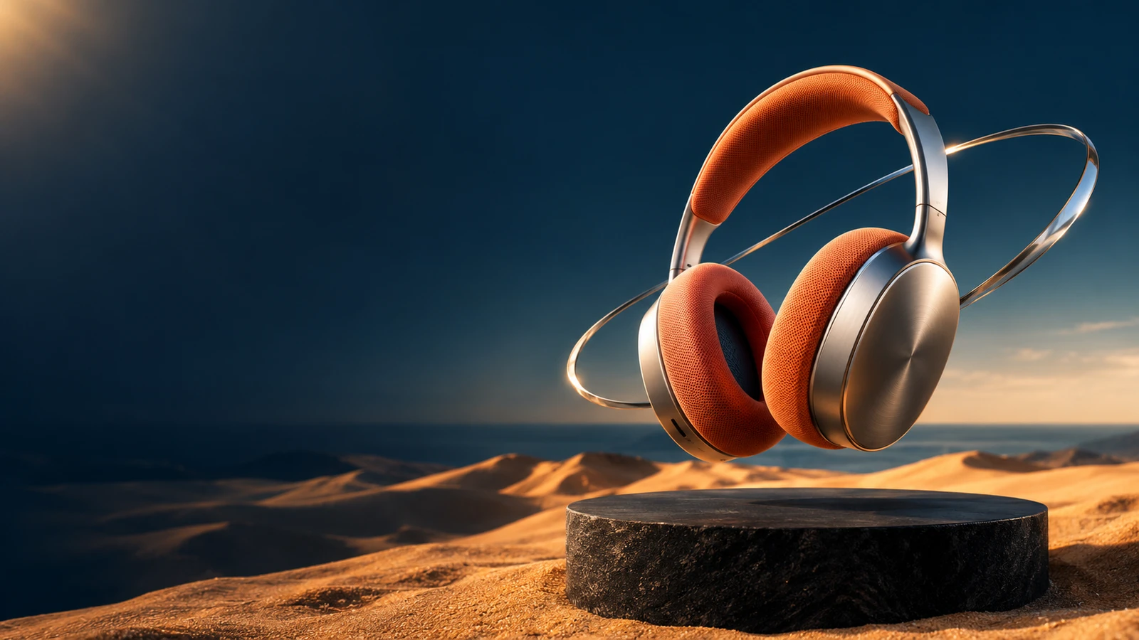 Orange and titanium headphones floating above a stone plinth