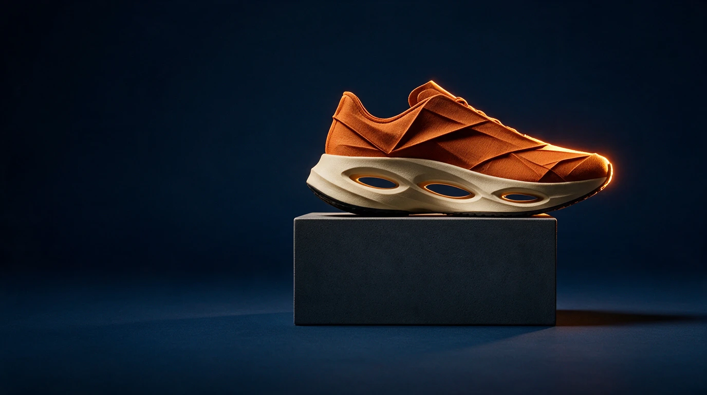 Orange sculptural running shoe on a dark pedestal