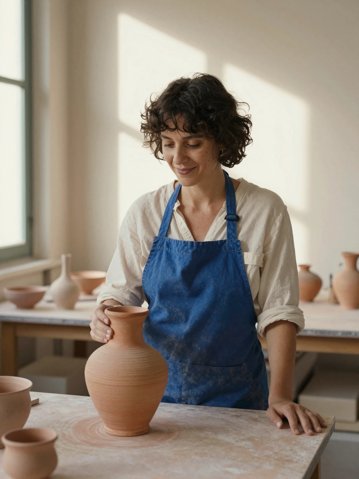 Keramisk kunstner i blåt forklæde ved siden af en terracotta vase