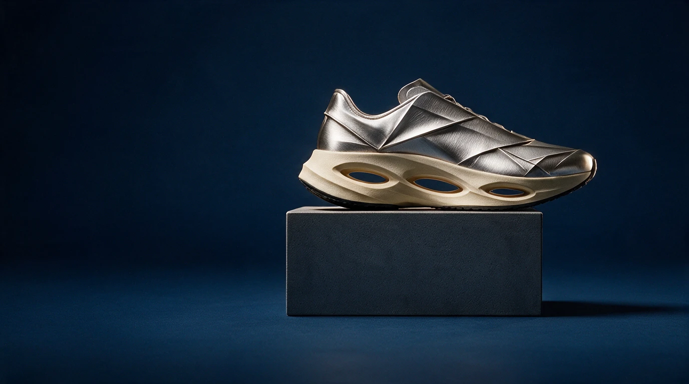 Silver sculptural running shoe retaining the original cream sole and pedestal