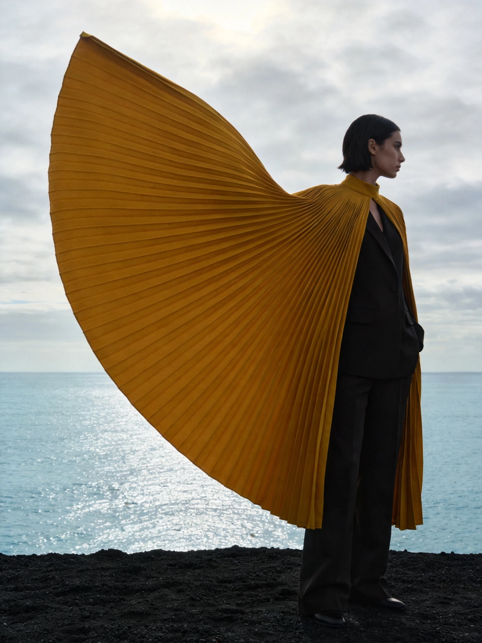 A woman wearing a pleated saffron cape beside the ocean