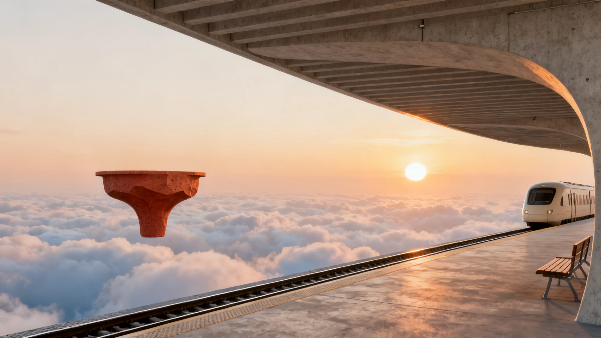 A futuristic railway platform suspended above clouds at sunset