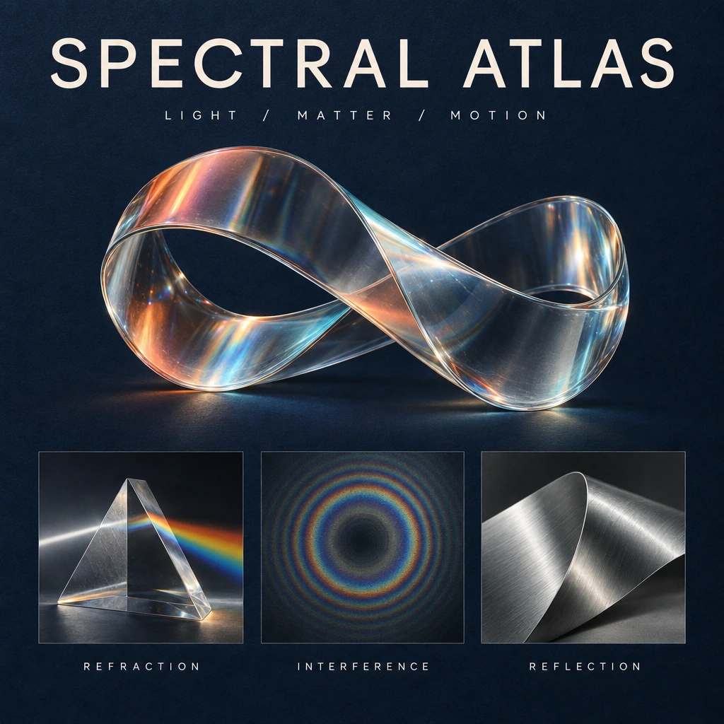 Poster della mostra SPECTRAL ATLAS con una scultura in vetro rifrangente e tre studi sui materiali con etichette