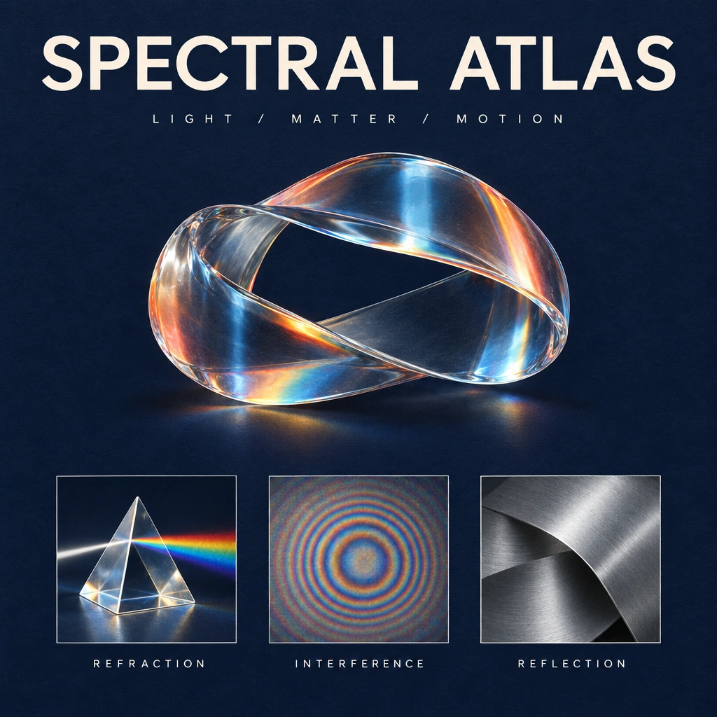 Poster della mostra SPECTRAL ATLAS con una scultura in vetro rifrangente e tre studi sui materiali con etichette