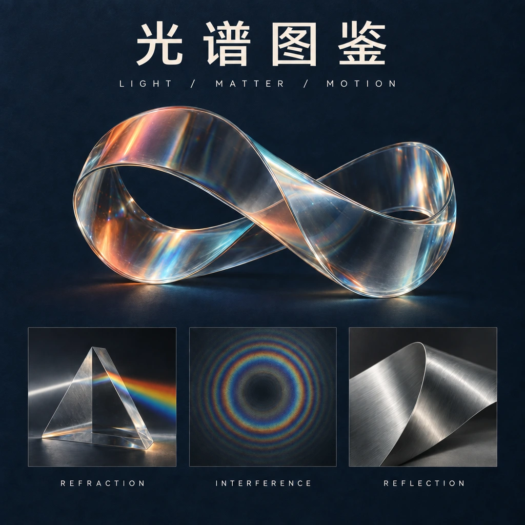 Modifica del poster Sunburst che sostituisce SPECTRAL ATLAS con 光谱图鉴 mantenendo la scultura in vetro e le etichette in inglese
