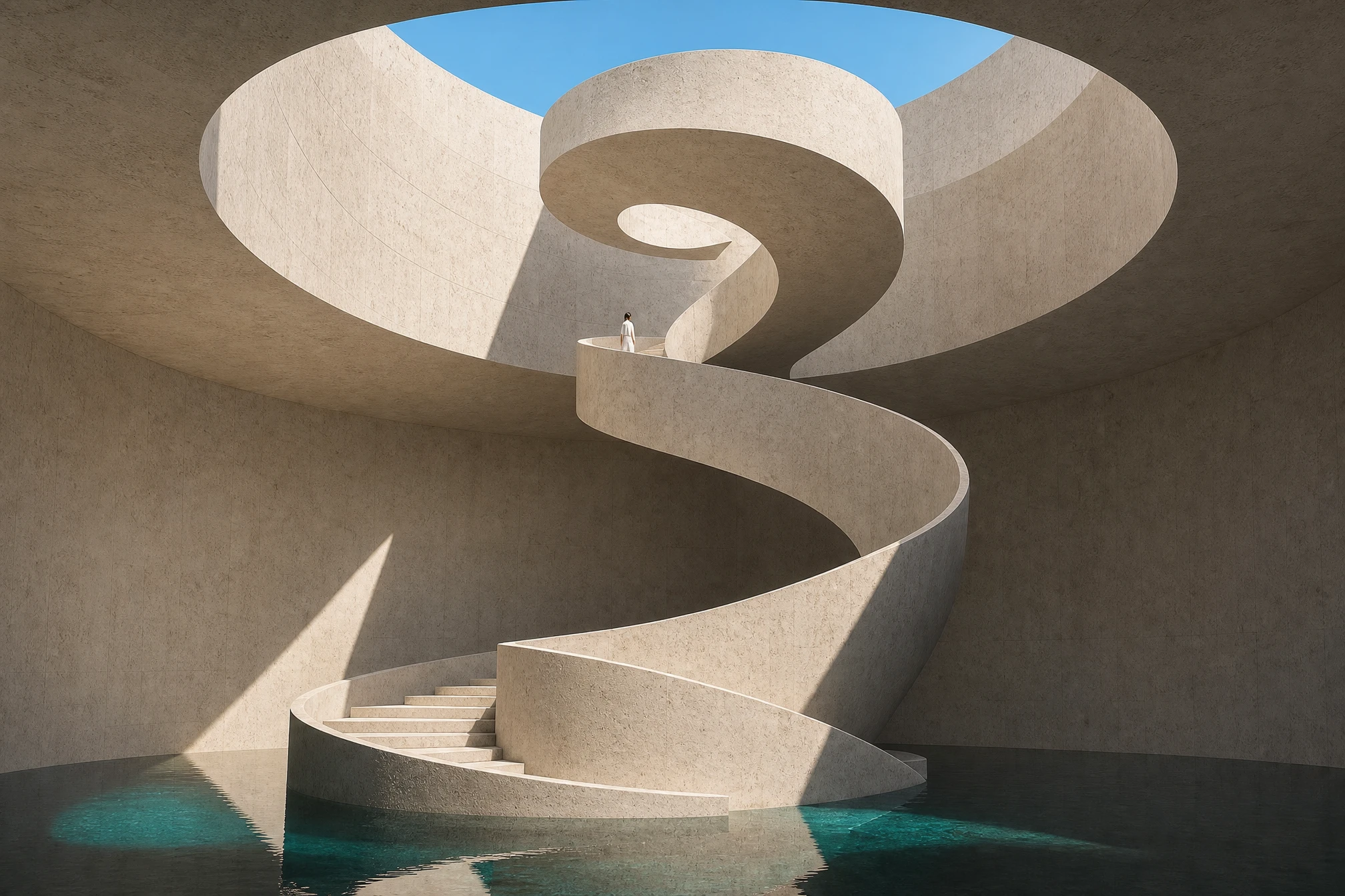 Pale limestone spiral staircase above water, edited with GPT Image 1.5