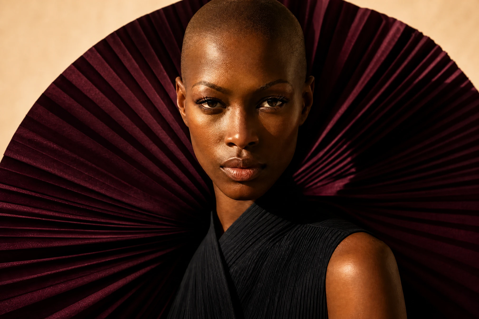 Portrait with burgundy pleated fabric and a black garment, edited with GPT Image 1.5