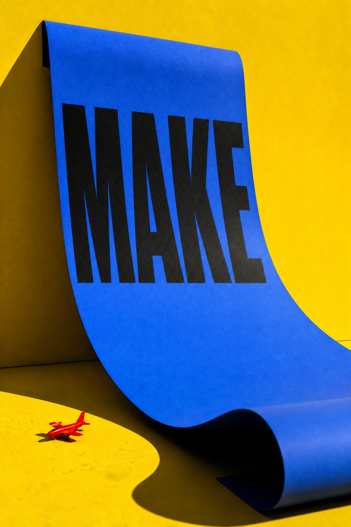 Blue folded-paper MAKE poster on a yellow background, edited with GPT Image 1.5