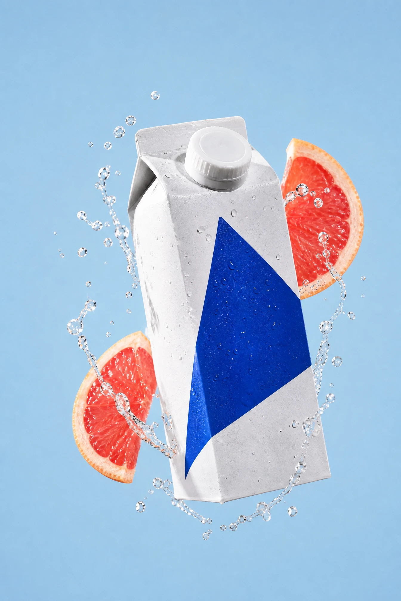 White beverage carton and grapefruit on a pale blue background, edited with GPT Image 1.5