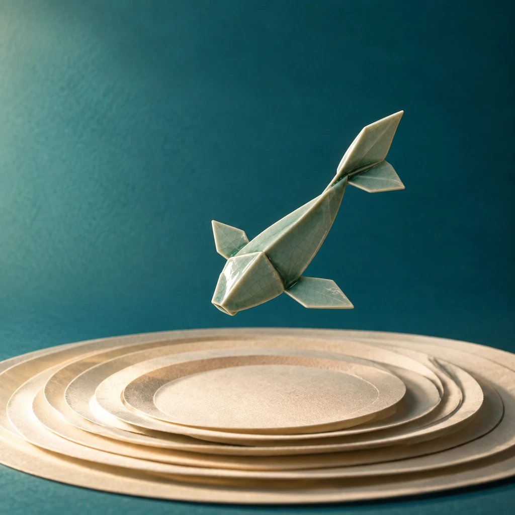 Celadon ceramic koi on concentric terraces, edited with GPT Image 2.5 Sunburst