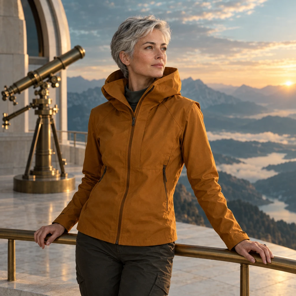 Original silver-haired character in an amber jacket at an observatory