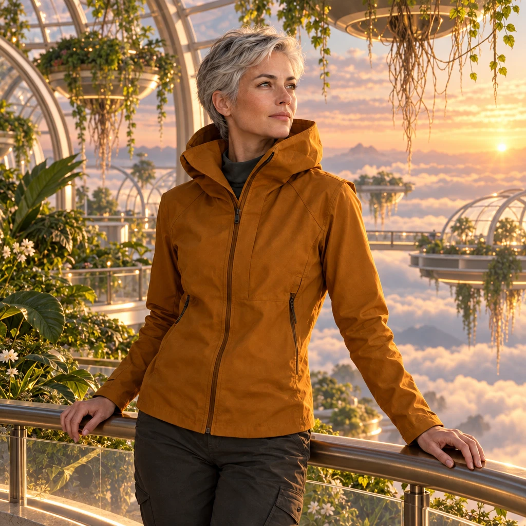Silver-haired character in an amber jacket at a floating botanical station, edited with GPT Image 2.5 Sunburst
