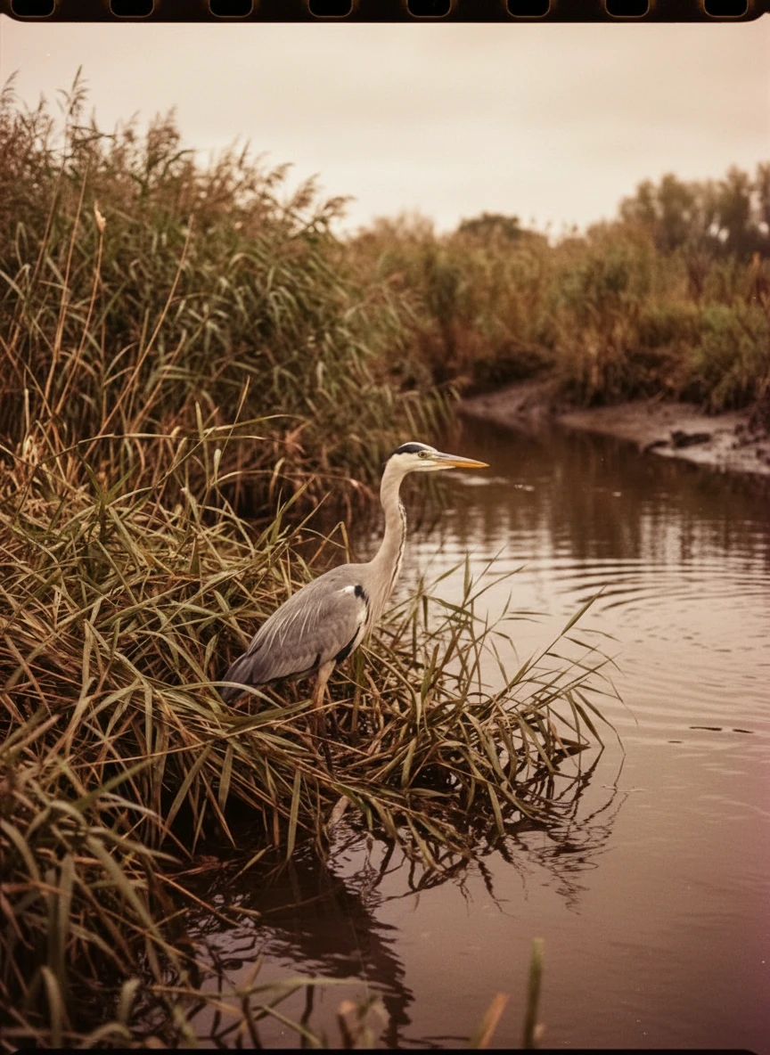 Heron beside reeds and water in warm morning light, edited with Nano Banana