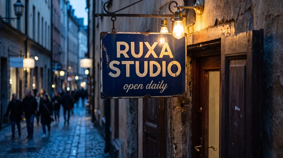 Original blue shop sign with warm bulbs and a softly blurred street