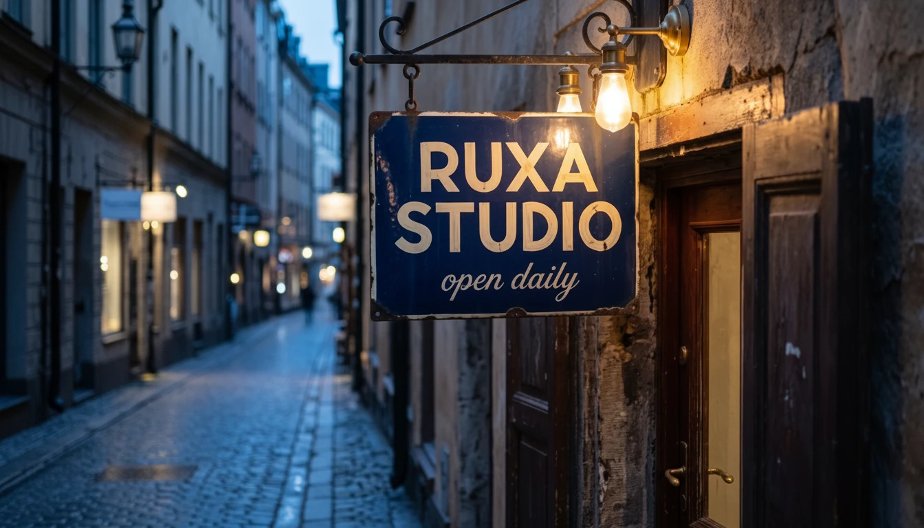 Blue shop sign on a rainy dusk street, edited with Nano Banana