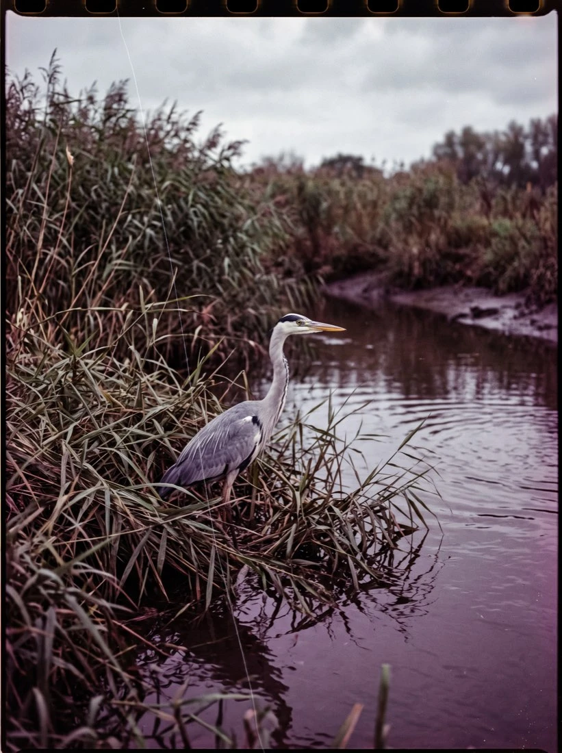 Original film-style photograph of a heron beside reeds and water