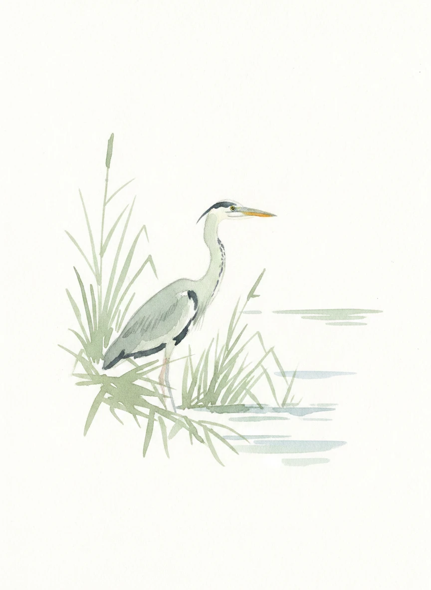 Grey-green watercolour heron on white paper, edited from a photographic reference with Nano Banana