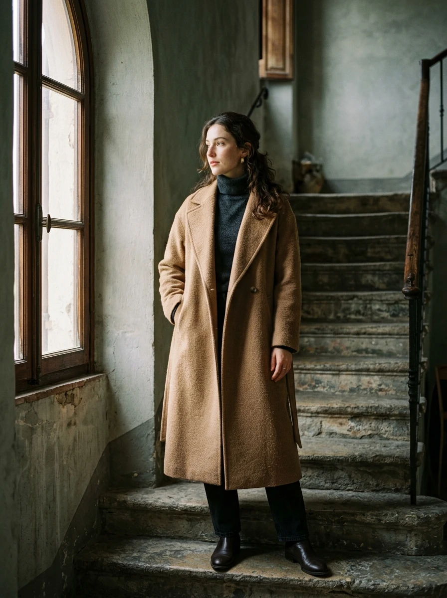 Nano Banana 2 fashion portrait of a woman in a camel coat on a stone staircase