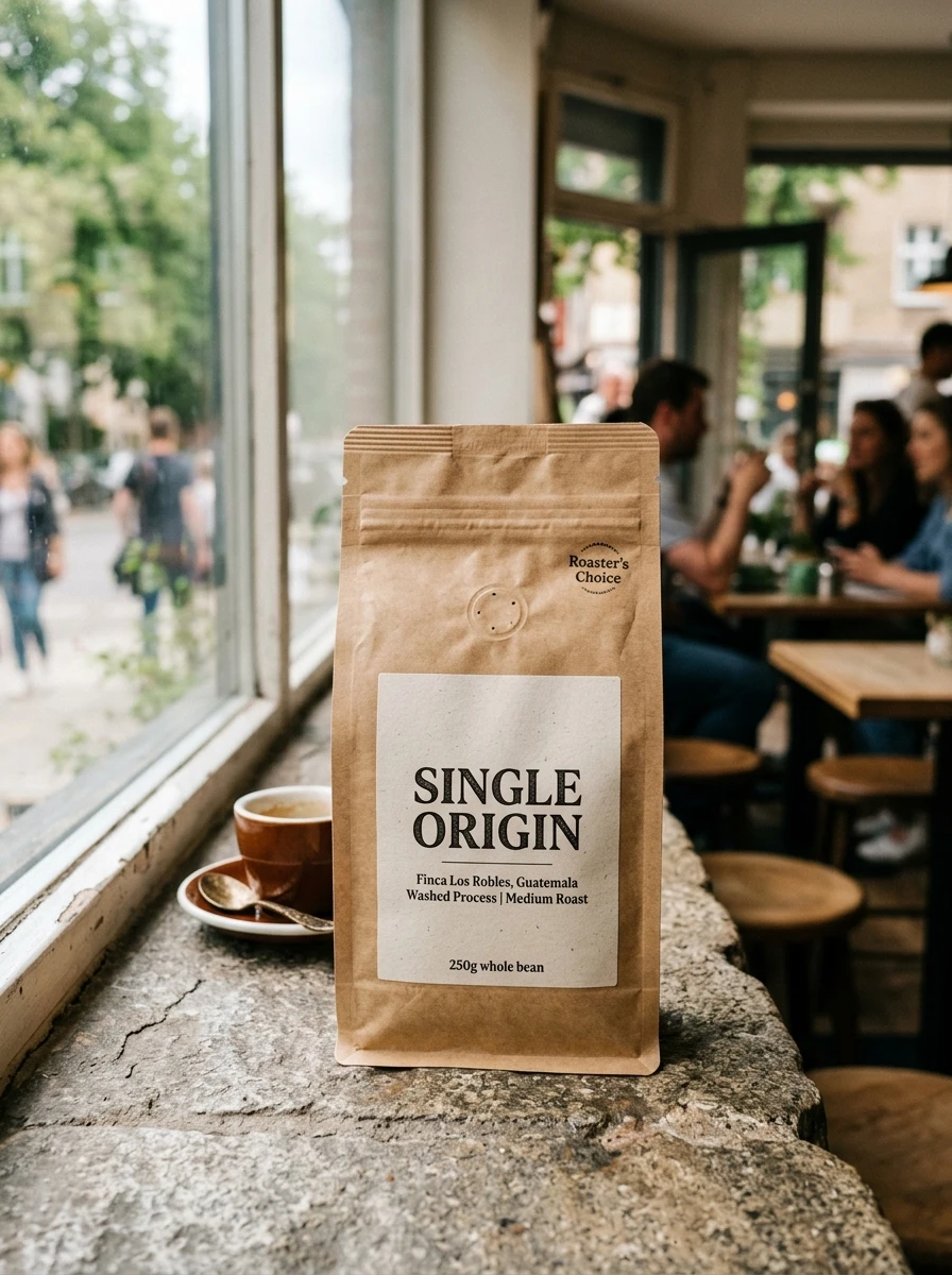 Nano Banana 2 coffee packaging example with SINGLE ORIGIN text on a kraft paper bag